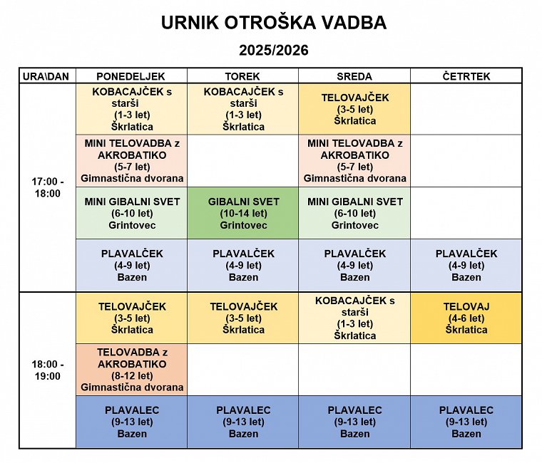 Slika urnika vadb za otroke v sezoni 2025 Slika urnika vadb za otroke v sezoni 2025