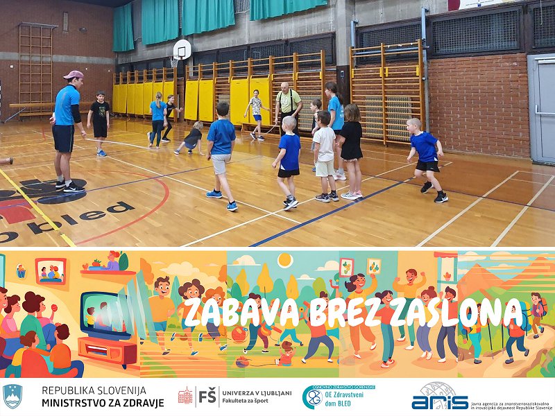 Logotip projekta s fotografijo otrok med športno aktivnostjo Logotip projekta s fotografijo otrok med športno aktivnostjo